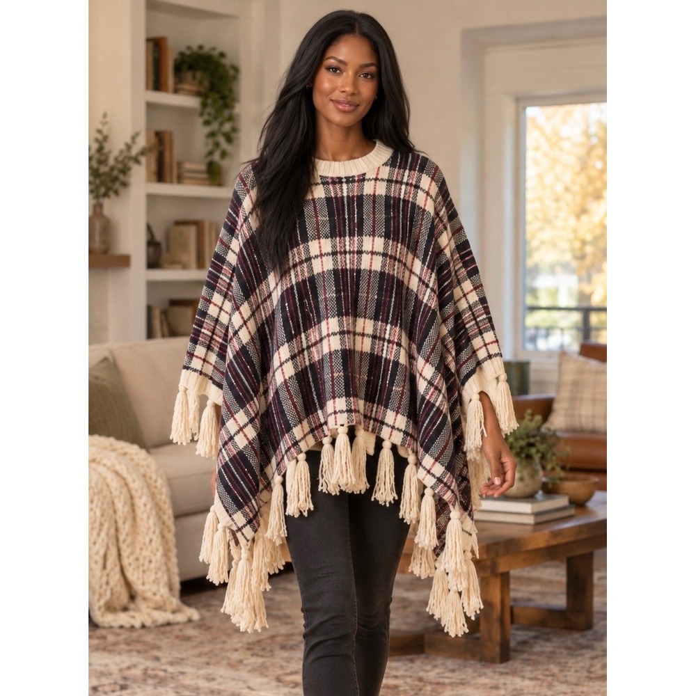 5th & Love Plaid Fringe Poncho Sweater Beige Navy Burgundy Knit Cape XS/S
